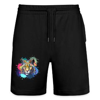 Wildkatze, Luchs, bunt, Malerei, Graffiti - Stanley/Stella Unisex Bio Joggingshorts Trainer  - Schwarz - Vorne - Nik (191cm) & Marisol (170cm)