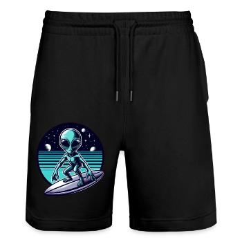 Alien Surfer auf UFO-Welle - Stanley/Stella Unisex Bio Joggingshorts Trainer  - Schwarz - Vorne - Nik (191cm) & Marisol (170cm)