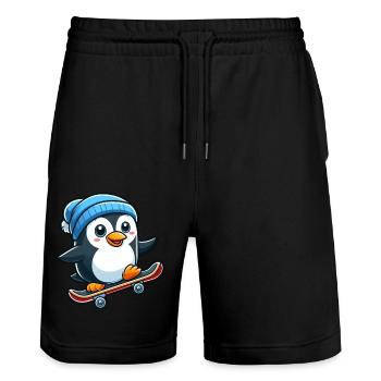 Funny Penguin Skateboarding Skate Comic Cartoon - Stanley/Stella Trainer Unisex Organic Jogging Shorts - black - Front - Nik (191cm) & Marisol (170cm)