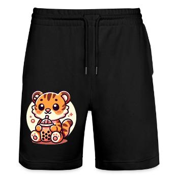 Süßer Tiger Boba Tee Illustration - Stanley/Stella Unisex Bio Joggingshorts Trainer  - Schwarz - Vorne - Nik (191cm) & Marisol (170cm)