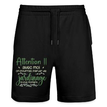 Talk About Gardening Anytime - Gardener Gift - Stanley/Stella Trainer Unisex Organic Jogging Shorts - black - Front - Nik (191cm) & Marisol (170cm)