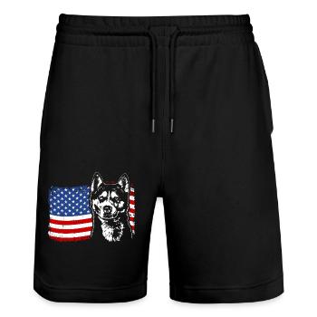 Siberian Husky America Flag Dog Dogs Wilsigns - Stanley/Stella Trainer Unisex Organic Jogging Shorts - black - Front - Nik (191cm) & Marisol (170cm)