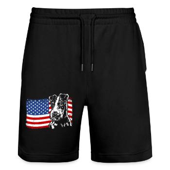 Fox Terrier America Flag Dogs Dog Wilsigns - Stanley/Stella Trainer Unisex Organic Jogging Shorts - black - Front - Nik (191cm) & Marisol (170cm)