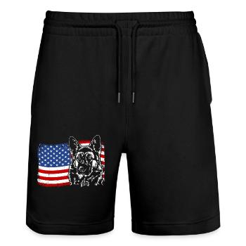 German Shepherd America Flag Dogs Wilsigns - Stanley/Stella Trainer Unisex Organic Jogging Shorts - black - Front - Nik (191cm) & Marisol (170cm)