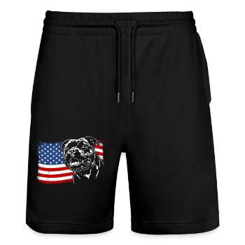 Staffordshire Bull Terrier America Flag Dogs - Stanley/Stella Trainer Unisex Organic Jogging Shorts - black - Front - Nik (191cm) & Marisol (170cm)