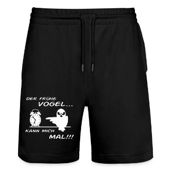 Der Frühe Vogel kann mich mal !!! - Stanley/Stella Unisex Bio Joggingshorts Trainer  - Schwarz - Vorne - Nik (191cm) & Marisol (170cm)