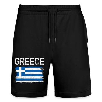 Grafik der griechischen Flagge in Stress - Stanley/Stella Unisex Bio Joggingshorts Trainer  - Schwarz - Vorne - Nik (191cm) & Marisol (170cm)