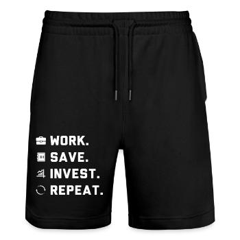 Work. Save. Invest. Repeat. - Stanley/Stella Trainer Unisex Organic Jogging Shorts - black - Front - Nik (191cm) & Marisol (170cm)