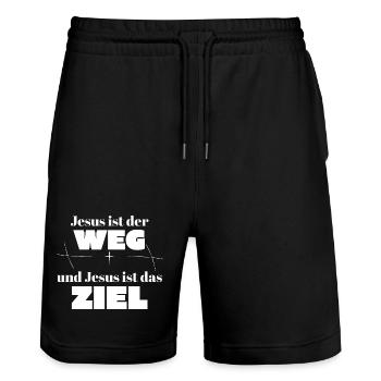 Jesus ist der Weg und Jesus ist das Ziel - Stanley/Stella Unisex Bio Joggingshorts Trainer  - Schwarz - Vorne - Nik (191cm) & Marisol (170cm)