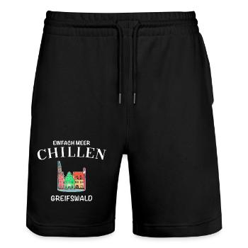 Greifswald, Meer Chillen, Fassaden am Fischmarkt - Stanley/Stella Unisex Bio Joggingshorts Trainer  - Schwarz - Vorne - Nik (191cm) & Marisol (170cm)