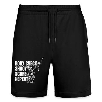 Body Check Shoot Score Repeat - Stanley/Stella Unisex Bio Joggingshorts Trainer  - Schwarz - Vorne - Nik (191cm) & Marisol (170cm)
