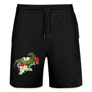 Green lizard on flowers botanical motif - Stanley/Stella Trainer Unisex Organic Jogging Shorts - black - Front - Nik (191cm) & Marisol (170cm)