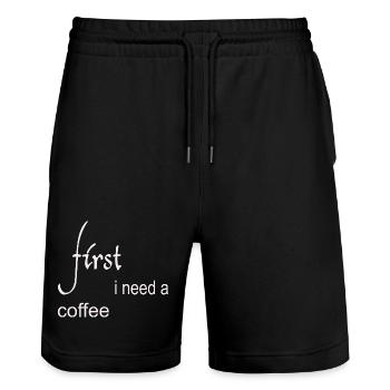 First I Need a Coffee Design - Stanley/Stella Unisex Bio Joggingshorts Trainer  - Schwarz - Vorne - Nik (191cm) & Marisol (170cm)