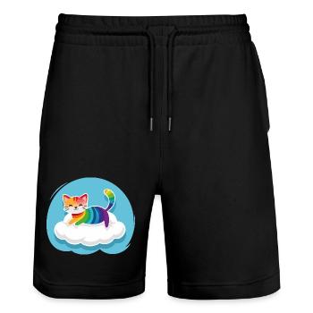 Un chat hétéroclite flotte sur un nuage (jour) - Short de jogging bio TRAINER Stanley/Stella unisexe - noir - Devant - Nik (191cm) & Marisol (170cm)