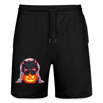 Halloween Cat with Halloween Pumpkin - Stanley/Stella Trainer Unisex Organic Jogging Shorts - black - Front - Nik (191cm) & Marisol (170cm)