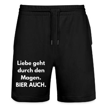 L’amour traverse l’estomac. La bière aussi. - Short de jogging bio TRAINER Stanley/Stella unisexe - noir - Devant - Nik (191cm) & Marisol (170cm)