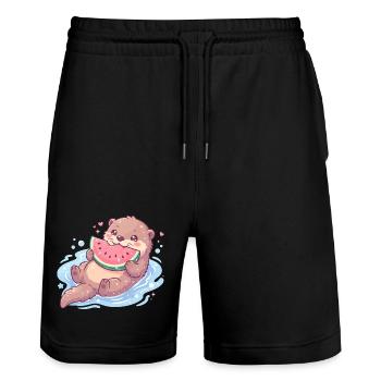 Kawaii Otter Eating Watermelon - Stanley/Stella Trainer Unisex Organic Jogging Shorts - black - Front - Nik (191cm) & Marisol (170cm)