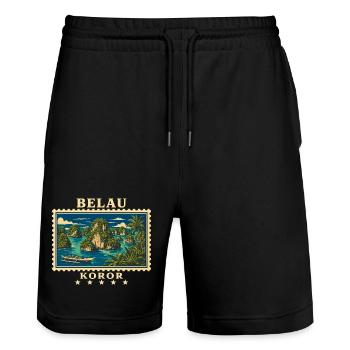 Palau Koror Vintage Travel Brand - Stanley/Stella Trainer Unisex Organic Jogging Shorts - black - Front - Nik (191cm) & Marisol (170cm)