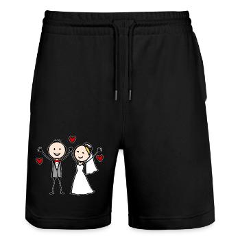 Dessin animé du couple de mariés joyeux - Short de jogging bio TRAINER Stanley/Stella unisexe - noir - Devant - Nik (191cm) & Marisol (170cm)