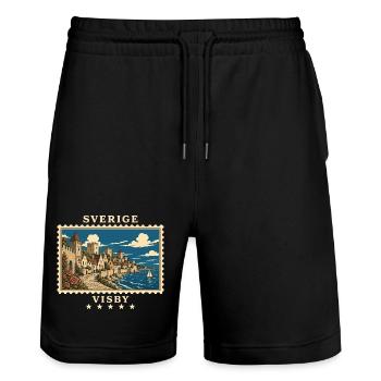Schweden Visby Vintage Reisemarke - Stanley/Stella Unisex Bio Joggingshorts Trainer  - Schwarz - Vorne - Nik (191cm) & Marisol (170cm)