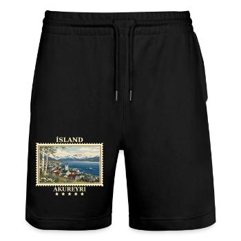 Island Akureyri Vintage Reisemarke - Stanley/Stella Unisex Bio Joggingshorts Trainer  - Schwarz - Vorne - Nik (191cm) & Marisol (170cm)