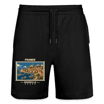 France Marseille Vintage Travel Brand - Stanley/Stella Trainer Unisex Organic Jogging Shorts - black - Front - Nik (191cm) & Marisol (170cm)