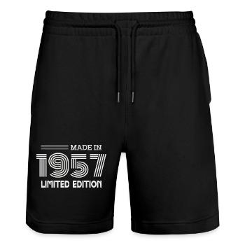 1957 Geburtstagsgeschenkidee 1957 - Stanley/Stella Unisex Bio Joggingshorts Trainer  - Schwarz - Vorne - Nik (191cm) & Marisol (170cm)