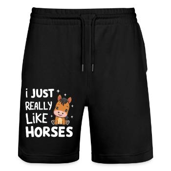Pferd Pferde Reiten Pferdereiten Sprungreiten - Stanley/Stella Unisex Bio Joggingshorts Trainer  - Schwarz - Vorne - Nik (191cm) & Marisol (170cm)