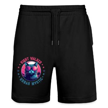 City cat in rose-colored glasses at night in the city - Stanley/Stella Trainer Unisex Organic Jogging Shorts - black - Front - Nik (191cm) & Marisol (170cm)