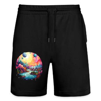 Paysage colorée avec un style 90s psychédélique - Short de jogging bio TRAINER Stanley/Stella unisexe - noir - Devant - Nik (191cm) & Marisol (170cm)