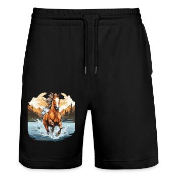 Horse galloping in a river - Stanley/Stella Trainer Unisex Organic Jogging Shorts - black - Front - Nik (191cm) & Marisol (170cm)