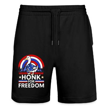 Patriotic Goose 4. Juli Hupen für die Freiheit - Stanley/Stella Unisex Bio Joggingshorts Trainer  - Schwarz - Vorne - Nik (191cm) & Marisol (170cm)