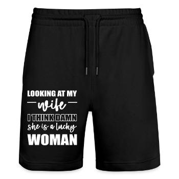 Dad Joke Father's Day Funny Sayings - Stanley/Stella Trainer Unisex Organic Jogging Shorts - black - Front - Nik (191cm) & Marisol (170cm)