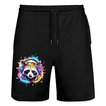 raccoon, colorful, painting, headphones, graffiti - Stanley/Stella Trainer Unisex Organic Jogging Shorts - black - Front - Nik (191cm) & Marisol (170cm)