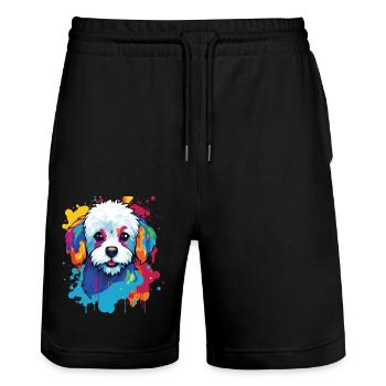 Ein Hundeportrait der Pop-Art-Rasse Bichon - Stanley/Stella Unisex Bio Joggingshorts Trainer  - Schwarz - Vorne - Nik (191cm) & Marisol (170cm)
