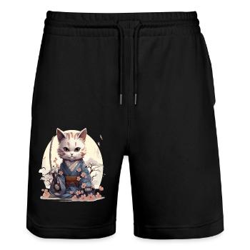 Chat kawaii samouraï avec son katana - Short de jogging bio TRAINER Stanley/Stella unisexe - noir - Devant - Nik (191cm) & Marisol (170cm)