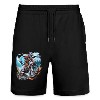 Motocross vor Bergkulisse - Stanley/Stella Unisex Bio Joggingshorts Trainer  - Schwarz - Vorne - Nik (191cm) & Marisol (170cm)
