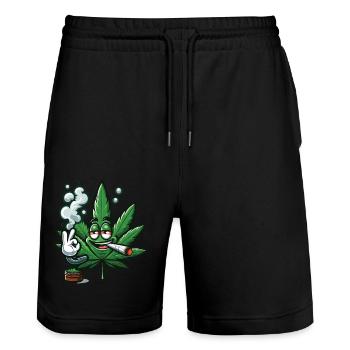 Ein rauchendes Cannabisblatt im Cartoon-Stil - Stanley/Stella Unisex Bio Joggingshorts Trainer  - Schwarz - Vorne - Nik (191cm) & Marisol (170cm)