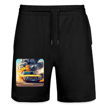 Oldtimer Drift Auto Turbo Rallye mit Rauch - Stanley/Stella Unisex Bio Joggingshorts Trainer  - Schwarz - Vorne - Nik (191cm) & Marisol (170cm)