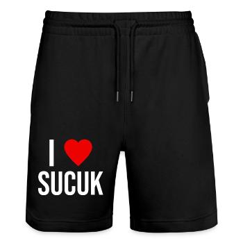 I LOVE SUCUK - Stanley/Stella Unisex Bio Joggingshorts Trainer  - Schwarz - Vorne - Nik (191cm) & Marisol (170cm)