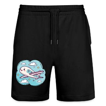 Flugzeug Comic Look - Stanley/Stella Unisex Bio Joggingshorts Trainer  - Schwarz - Vorne - Nik (191cm) & Marisol (170cm)