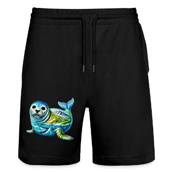 Seal - Stanley/Stella Trainer Unisex Organic Jogging Shorts - black - Front - Nik (191cm) & Marisol (170cm)