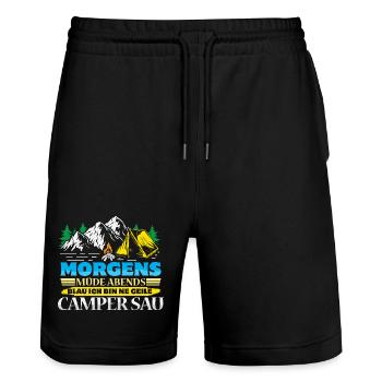 Camper Camping Wohnwagen Spruch - Stanley/Stella Unisex Bio Joggingshorts Trainer  - Schwarz - Vorne - Nik (191cm) & Marisol (170cm)