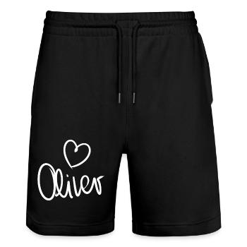 Prénatale de naissance d’Oliver avec le nom d’Oliver - Short de jogging bio TRAINER Stanley/Stella unisexe - noir - Devant - Nik (191cm) & Marisol (170cm)