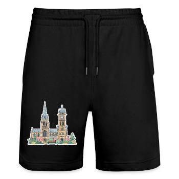Leicester Skyline Clock Tower Cathedral Sticker - Stanley/Stella Trainer Unisex Organic Jogging Shorts - black - Front - Nik (191cm) & Marisol (170cm)