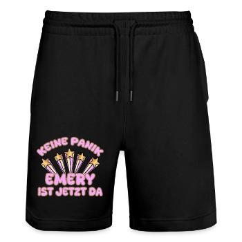 Woman's name Emery - Stanley/Stella Trainer Unisex Organic Jogging Shorts - black - Front - Nik (191cm) & Marisol (170cm)