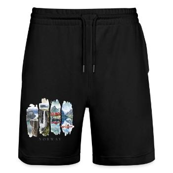 Norway Holiday Travel – Fjord & Wilderness Motif - Stanley/Stella Trainer Unisex Organic Jogging Shorts - black - Front - Nik (191cm) & Marisol (170cm)