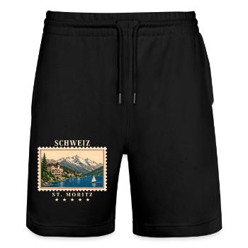 Schweiz St. Moritz Vintage Reisemarke - Stanley/Stella Unisex Bio Joggingshorts Trainer  - Schwarz - Vorne - Nik (191cm) & Marisol (170cm)
