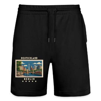 Deutschland Berlin Vintage Reisemarke - Stanley/Stella Unisex Bio Joggingshorts Trainer  - Schwarz - Vorne - Nik (191cm) & Marisol (170cm)