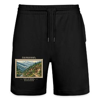Armenia Dilijan Vintage Travel Brand - Stanley/Stella Trainer Unisex Organic Jogging Shorts - black - Front - Nik (191cm) & Marisol (170cm)